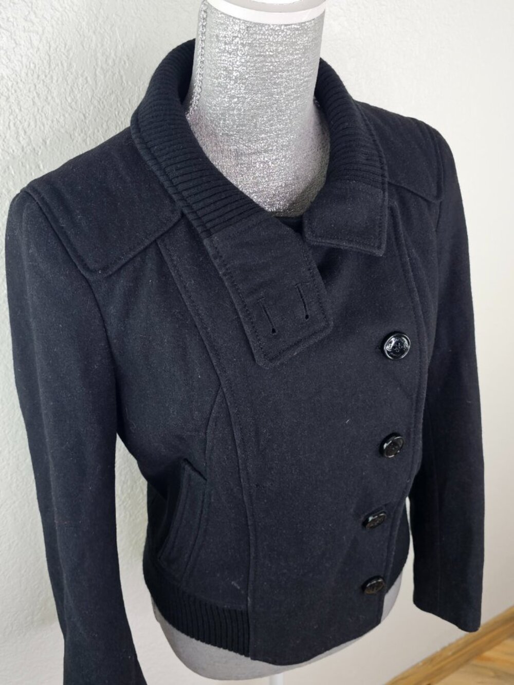 Kenneth Cole Black Wool Moto Pea Coat Jacket Size Medium